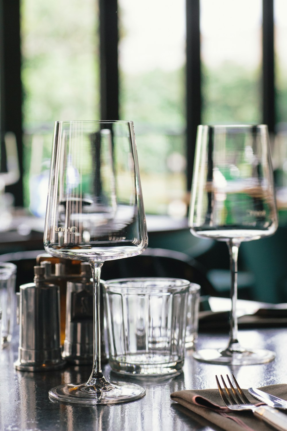 clear wine glasses on table