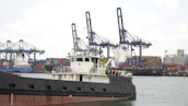 Wide shot of a busy port with cranes loading and unloading out-of-gauge cargo containers.