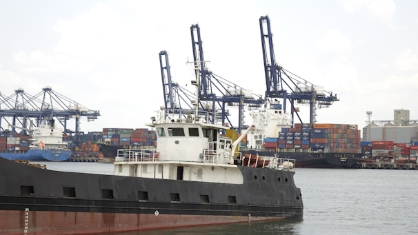 A busy port scene with large cranes loading and unloading shipping containers onto cargo ships. Several ships are docked at the port, with stacks of colorful containers visible in the background. The water and sky create a backdrop for the industrial activity.