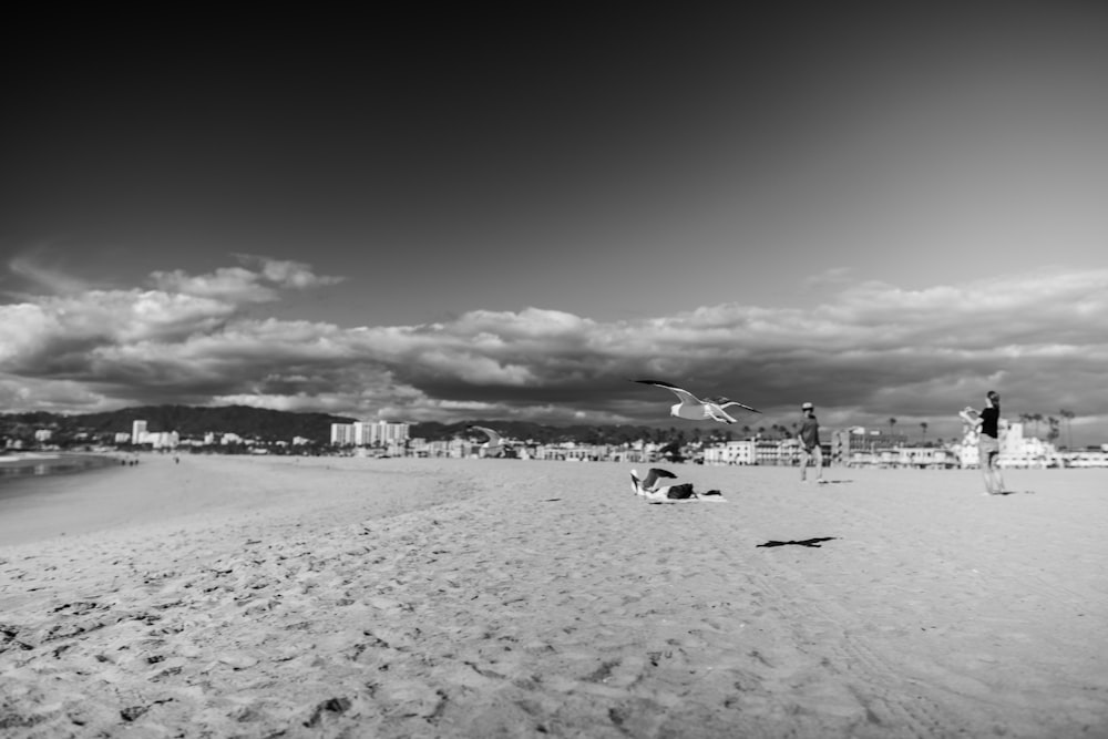 grayscale photo of people on beach