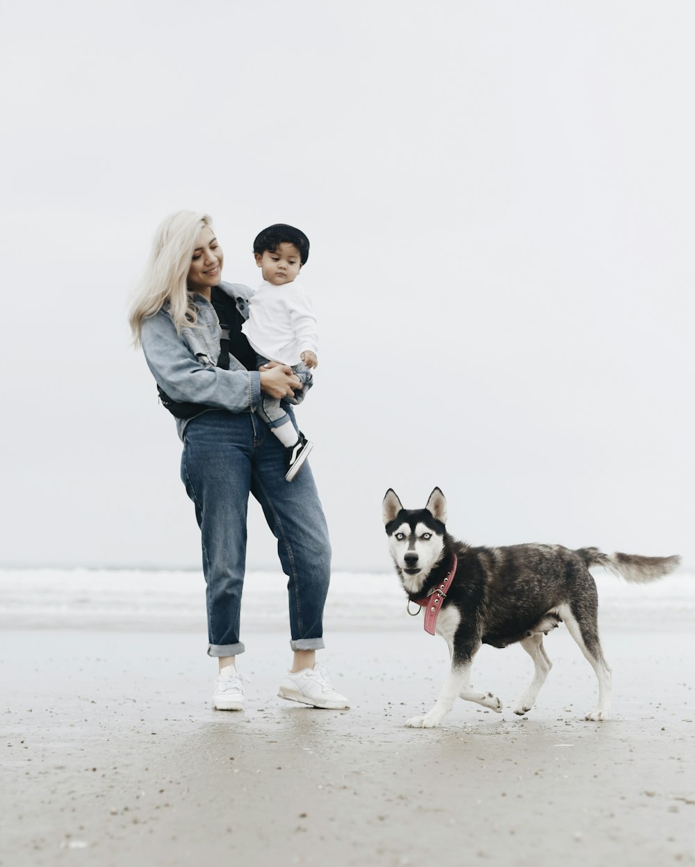 woman in blue denim jacket and blue denim jeans standing beside black and white siberian