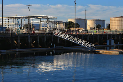 A large LNG terminal with storage tanks and docked carriers under clear daylight.
