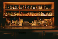 A sleek bar with low ambient lighting, softly illuminated bottles on backlit shelves.