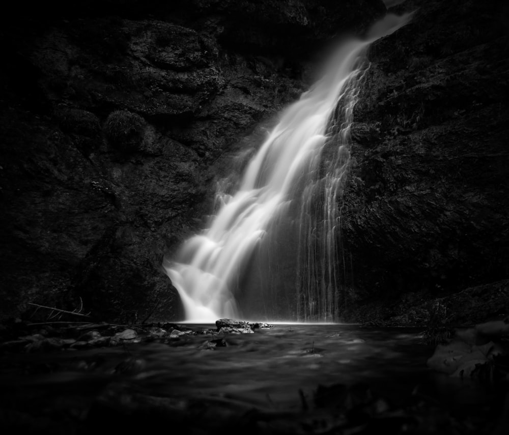 Graustufenfoto von Wasserfällen im Wald