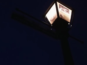 A dimly lit street lamp with informational panels illuminates the dark surroundings. The panels contain text and images, providing information about a particular subject.