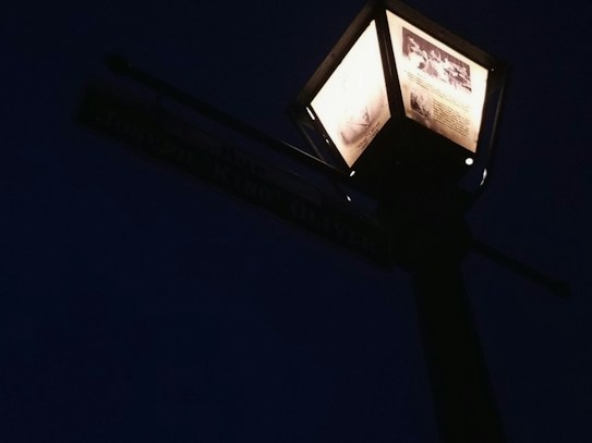 A dimly lit street lamp with informational panels illuminates the dark surroundings. The panels contain text and images, providing information about a particular subject.