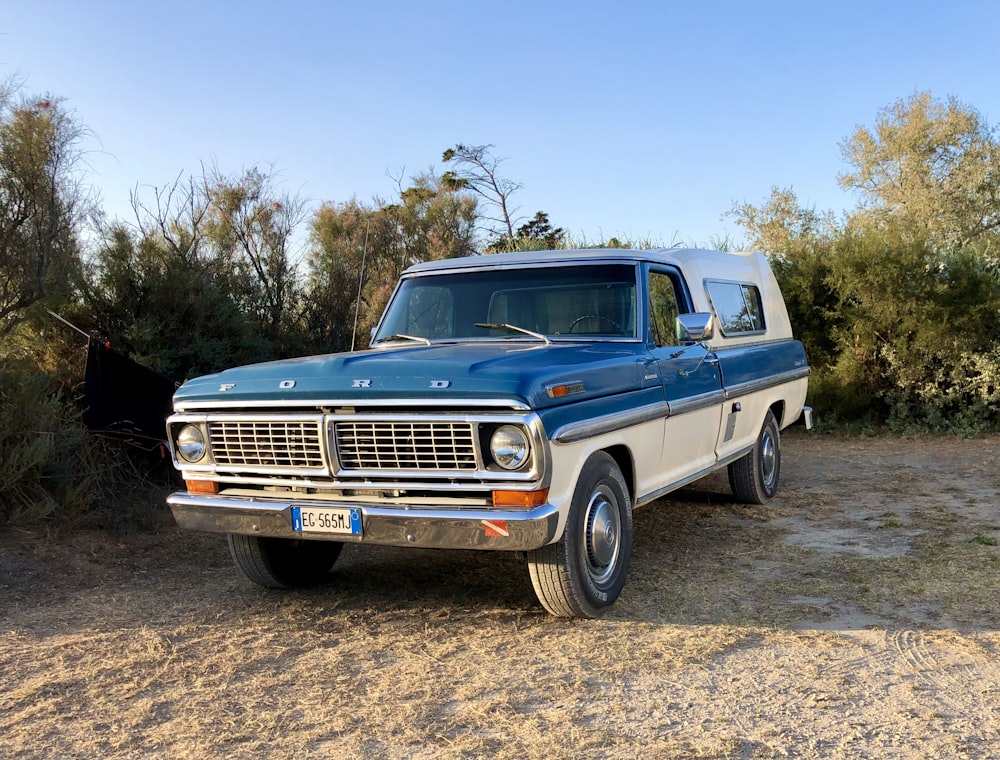 Camionnette Chevrolet Crew Cab bleue sur un chemin de terre brun pendant la journée