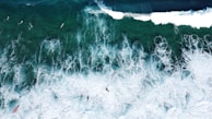 An aerial view of surfers catching waves on a sunny day.