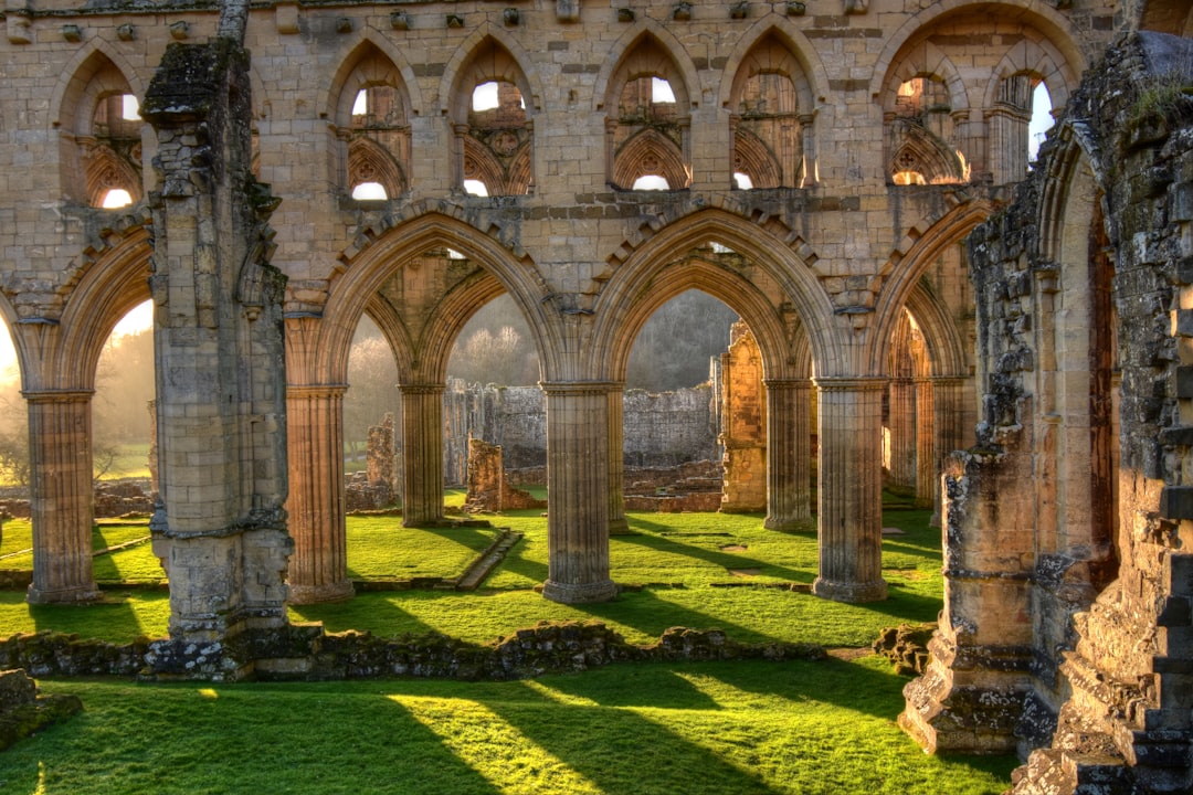 brown concrete building with green grass field, Ruined Abbey with late afternoon sun casting shadows