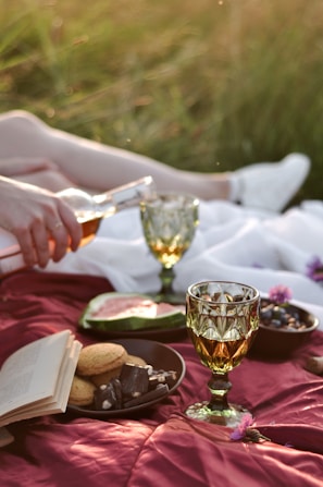 A picnic scene with a red blanket spread on the grass. There are two decorative glasses filled with a beverage, a partially opened book, a plate of cookies, and some chocolate. In the background, a person is pouring more drink into one of the glasses. The setting appears relaxed and casual with a soft, sunlight glow.