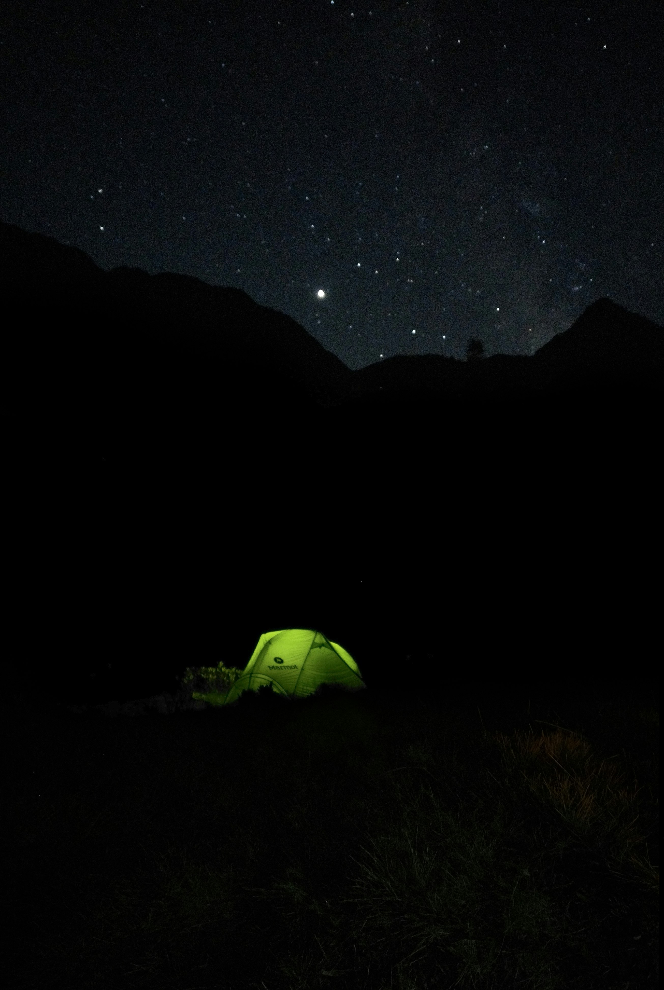 green dome tent on green grass field during night time