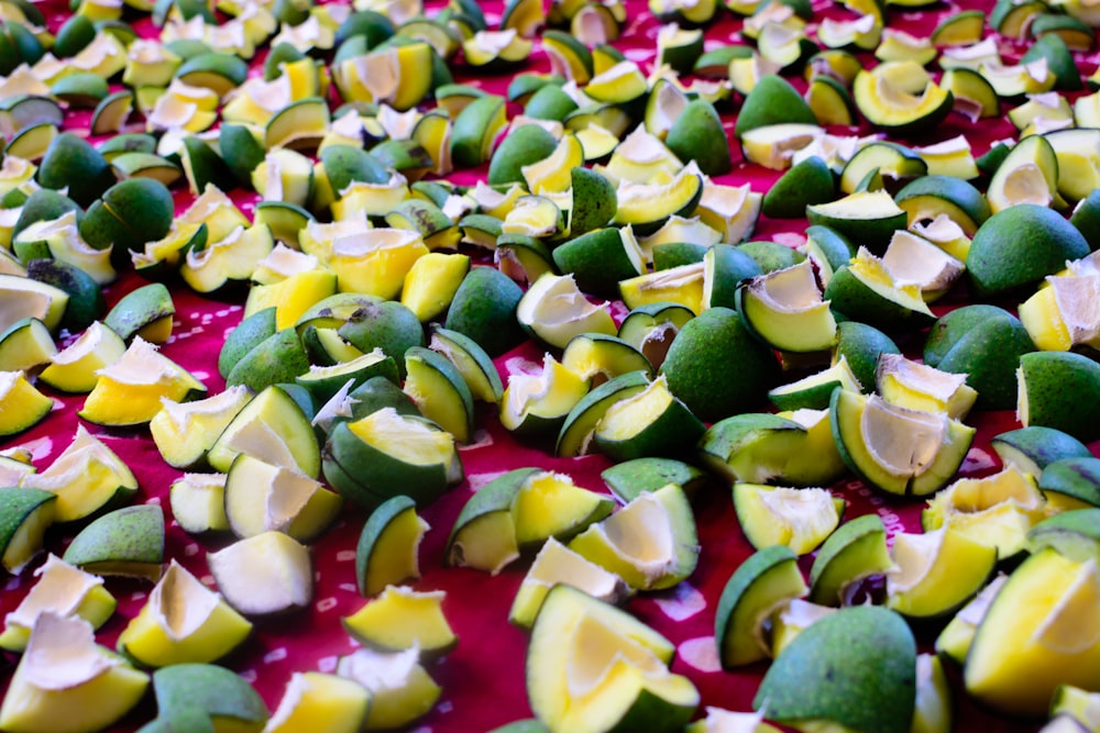 sliced green and red vegetable