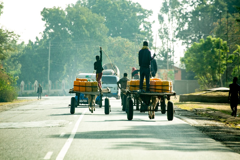 日中の道路で茶色の木製のカートに乗っている2人の男性