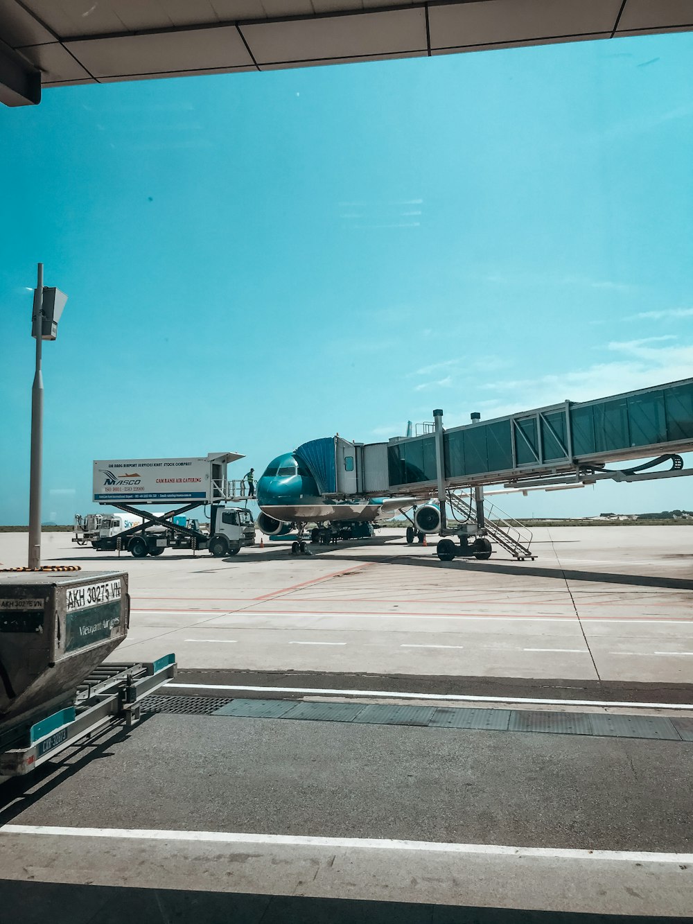 avion bleu et noir sur une route en béton gris pendant la journée