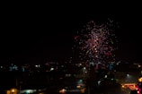 Colorful fireworks exploding in the night sky over a cityscape.
