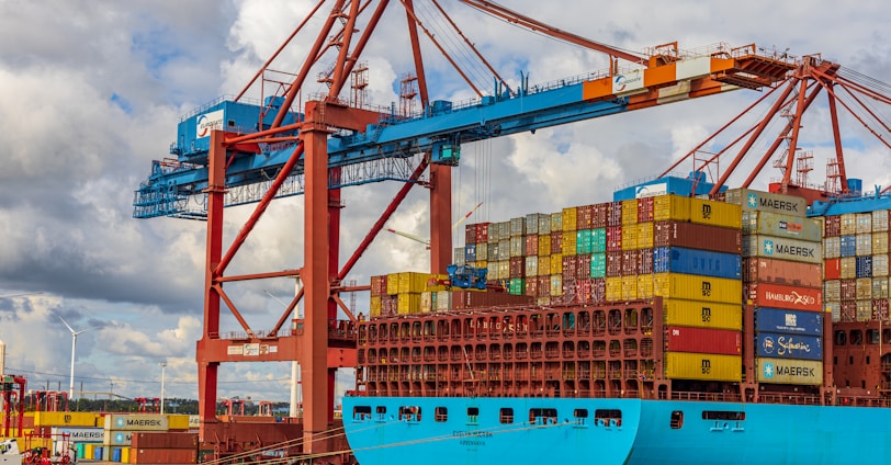 blue and red cargo ship