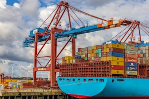 blue and red cargo ship