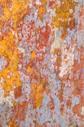 The image displays a surface with peeling and flaking paint, revealing various layers of color. The colors include shades of red, yellow, blue, white, and some rust. The texture is rough, and the paint appears aged and weathered.
