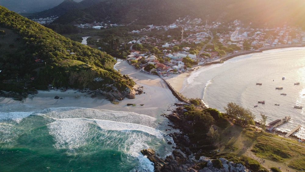 vista aérea da montanha verde e marrom ao lado do corpo de água durante o dia