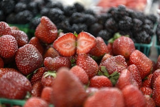 red strawberries in tilt shift lens