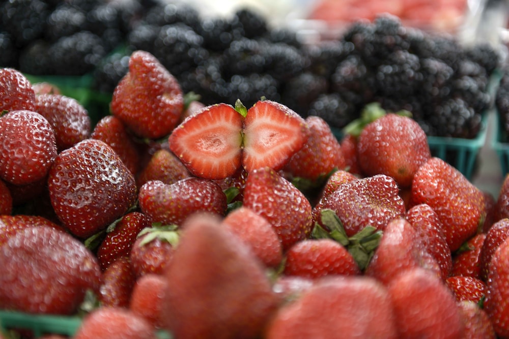 red strawberries in tilt shift lens