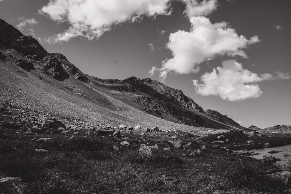 grayscale photo of mountain ranges