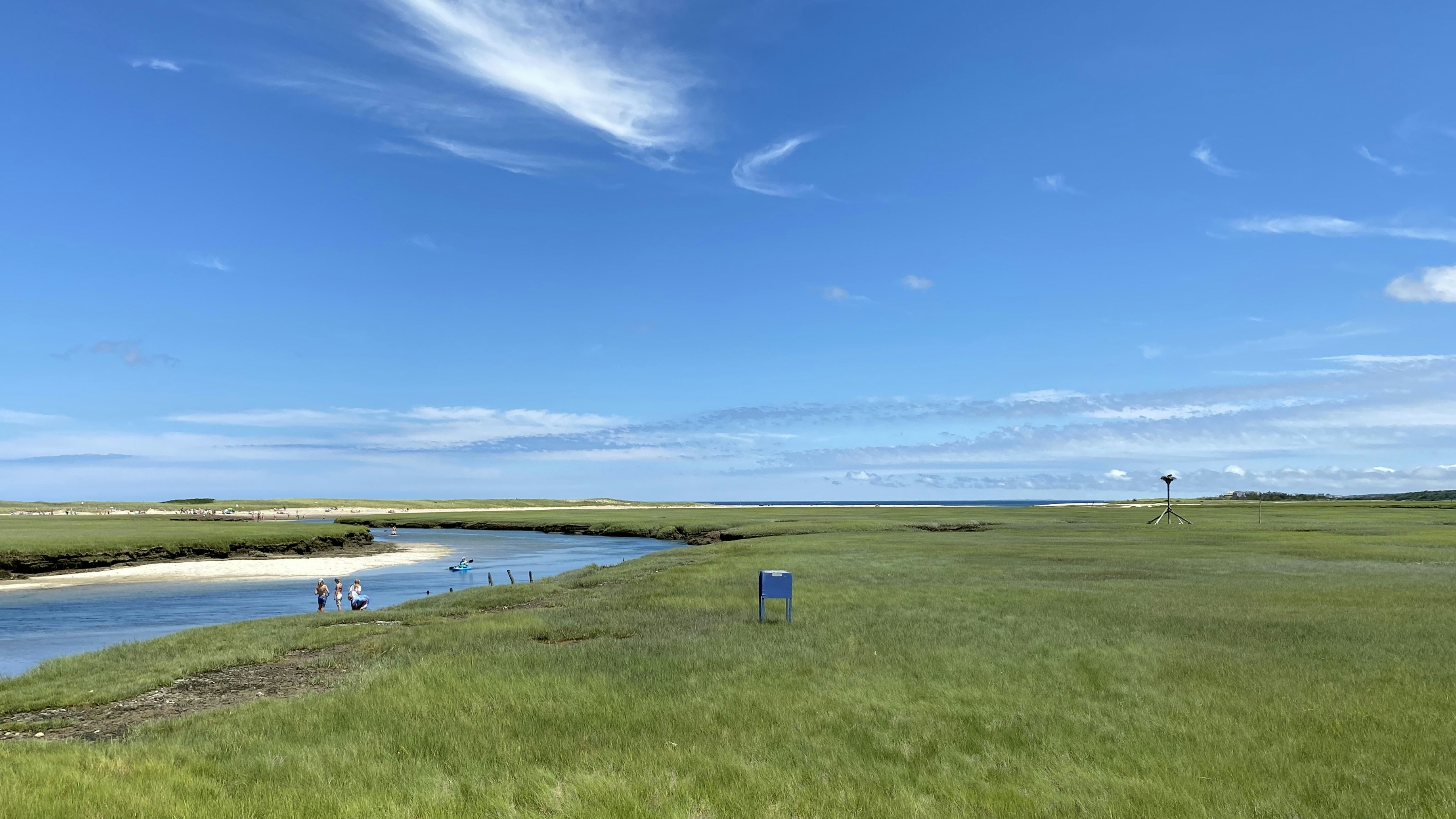 green grass field near body of water under blue sky during daytime