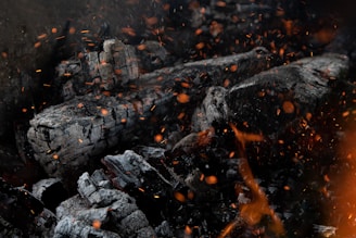 a close up of a pile of wood and fire