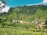 A lush green landscape featuring rolling hills covered in dense foliage and tea plantations. Several small houses with red and white rooftops are scattered throughout the valley. Tall trees and a bright blue sky complete the serene scenery.