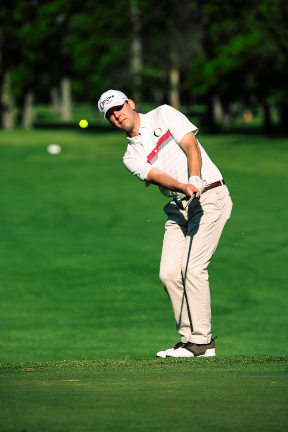 man in white crew neck t-shirt and gray pants holding golf club