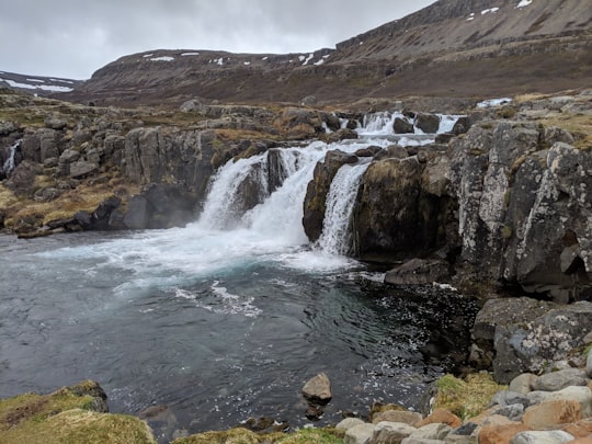 water falls on brown and green mountain in Dynjandi Iceland