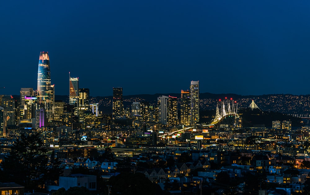 city skyline during night time