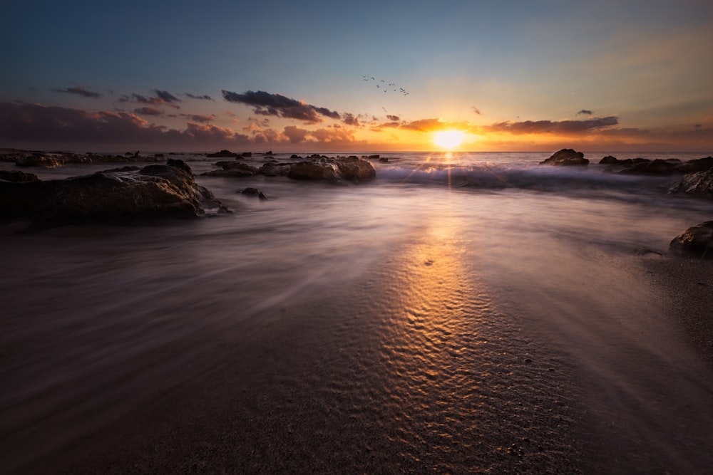 body of water during sunset