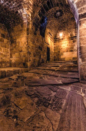 A dimly lit ancient castle corridor with flickering torches on stone walls.