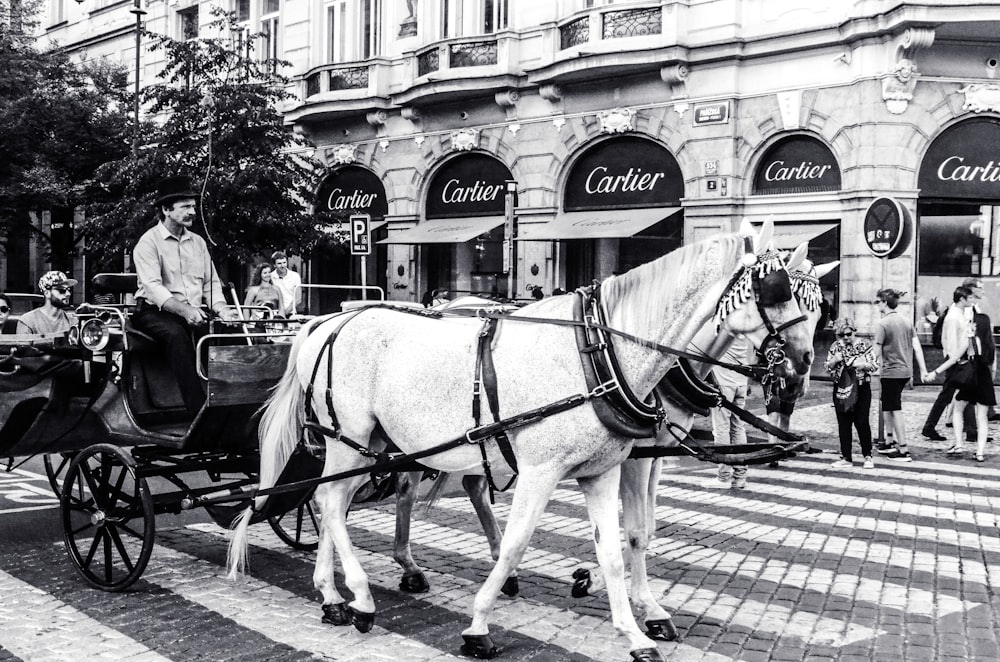 grayscale photo of man riding horse