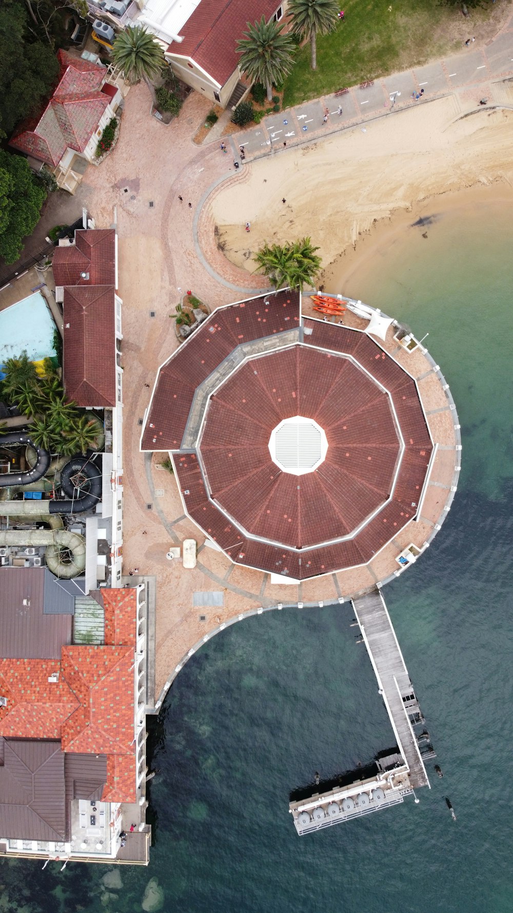 aerial view of brown and white building