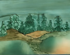 A peaceful Australian bushland scene merging with an Aboriginal art pattern, reflecting harmony between nature and culture.