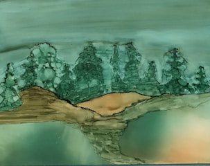 An abstract landscape featuring earthy tones and fluid shapes that resemble a horizon line with a mix of mountainous and forest-like forms. The image is predominantly green with hints of brown, creating a natural appearance.
