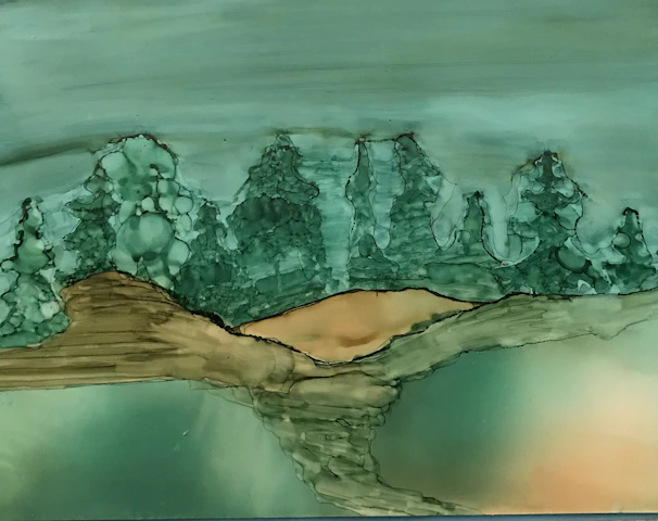 A vibrant digital art print featuring an abstract landscape in warm earth tones.