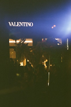 A storefront with the brand name Valentino illuminated against a dark background, at night. Silhouettes of people and objects appear in the shadowy foreground, partially lit by a nearby light source.