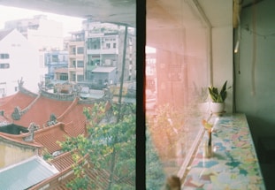 A vibrant scene featuring a view from indoors through a glass window. On the outside, traditional architecture with ornate red-tiled roofs and intricate designs are visible, likely part of a temple or cultural building. The urban backdrop includes various modern buildings in muted colors. Inside the window, there is a simple, colorful countertop with a small potted plant, adding a touch of nature to the scene.