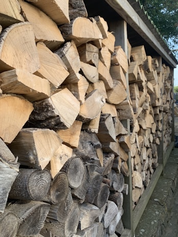 A finished double-bay firewood storage shed standing neatly in a backyard with stacked logs inside.