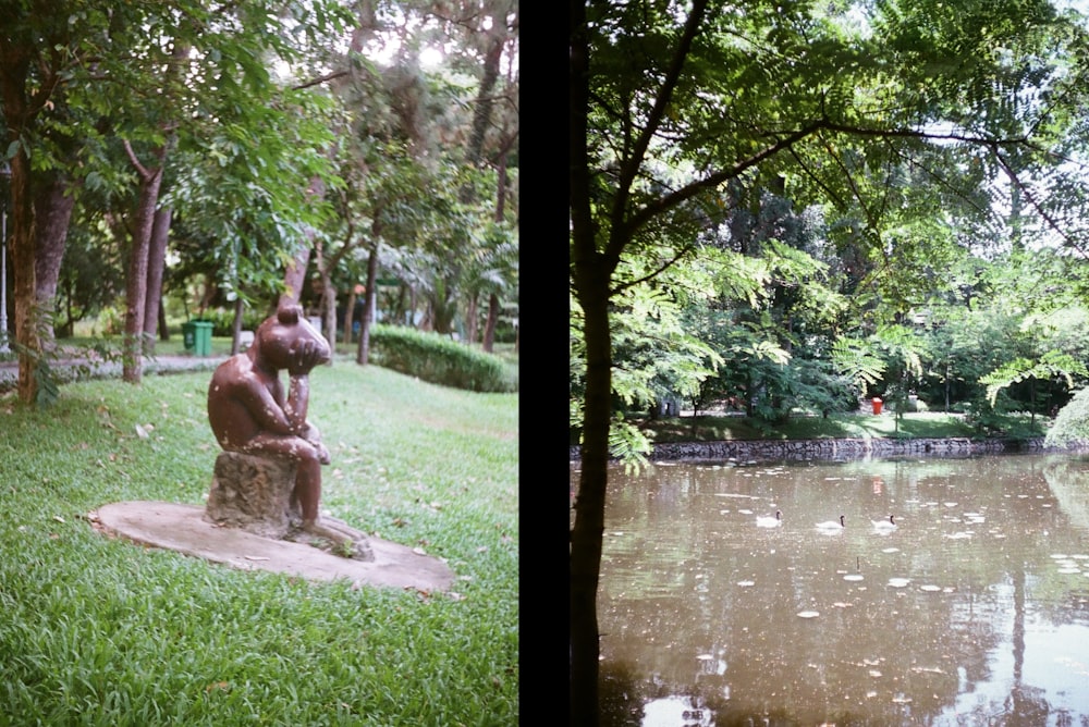 brown concrete statue near green grass and body of water during daytime