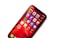 A smartphone displaying a variety of app icons against a vibrant red background. The apps include popular social media and utility apps such as Facebook, YouTube, Twitter, and Spotify. The phone screen is brightly lit, and there is a red protective case encasing the device.