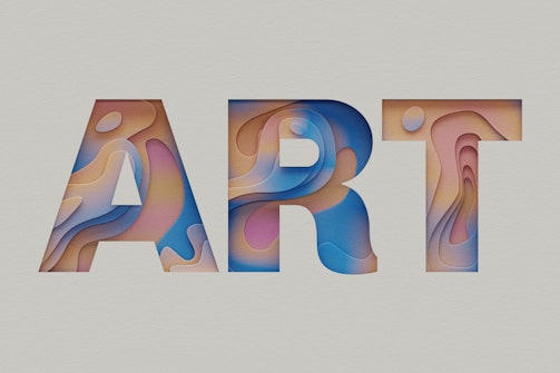 Bold letters 'A', 'R', and 'T' with intricate patterns and textures fill the space. The design employs fluid, abstract shapes and transitions of color within each letter, creating a layered and three-dimensional effect on a muted background.