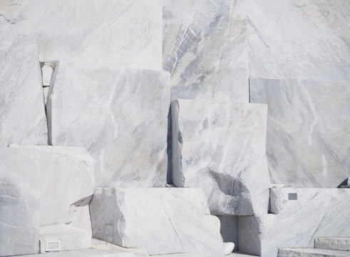 Close-up of polished marble slabs ready for architectural projects.