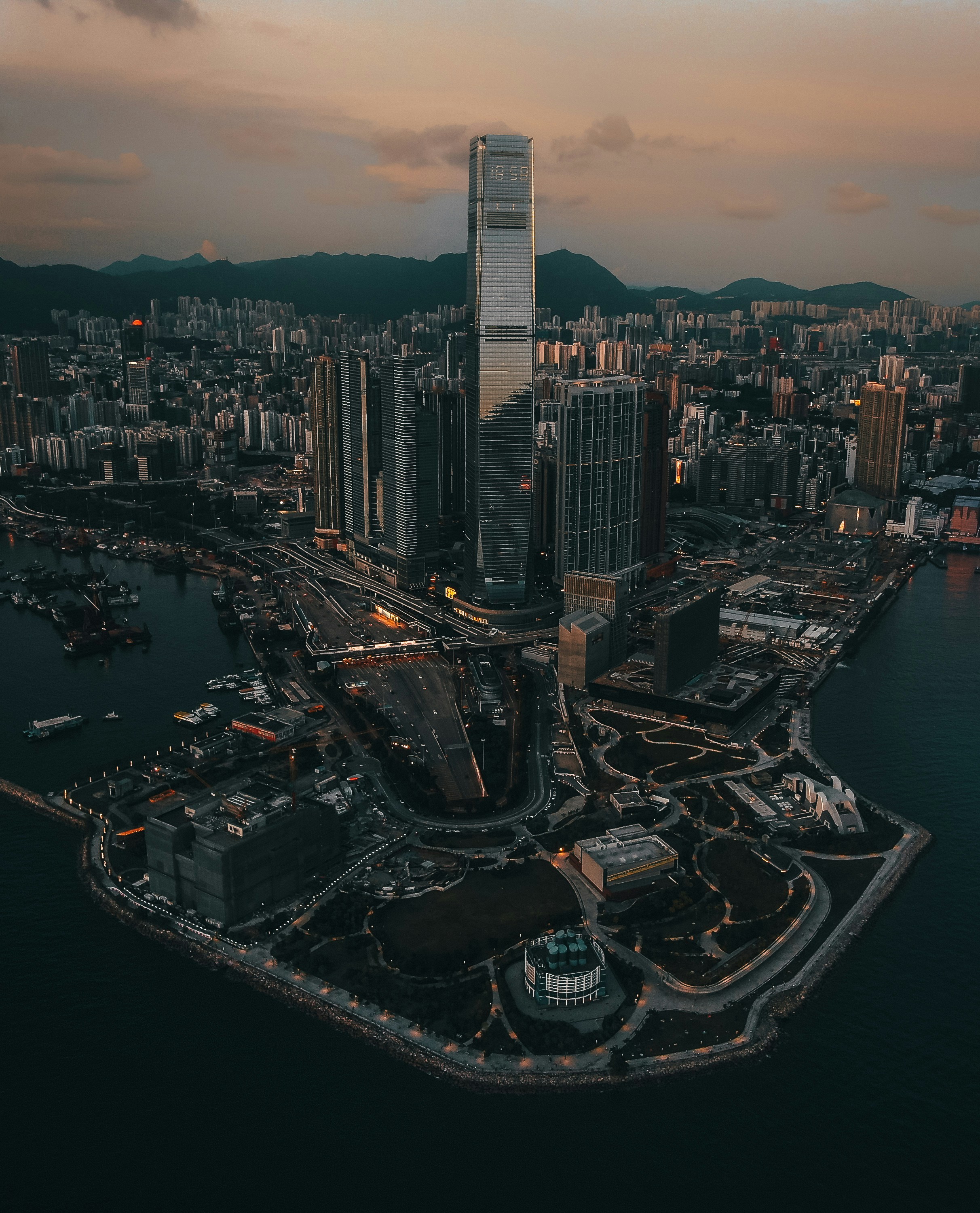 aerial view of city buildings during night time