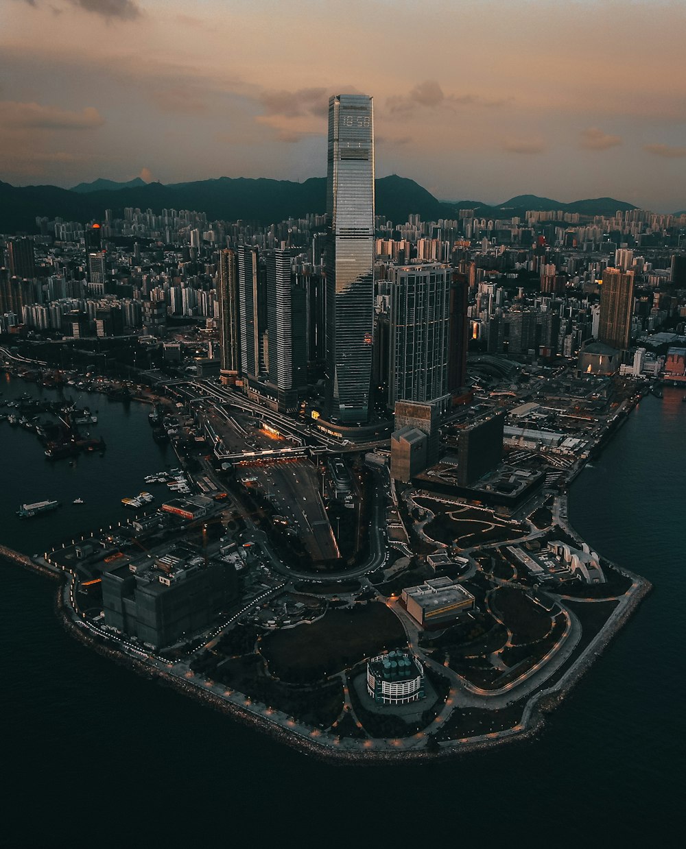 aerial view of city buildings during night time