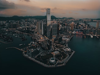 aerial view of city buildings during night time