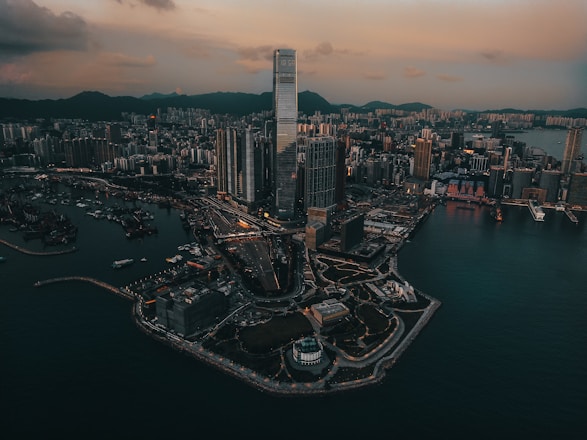 aerial view of city buildings during night time